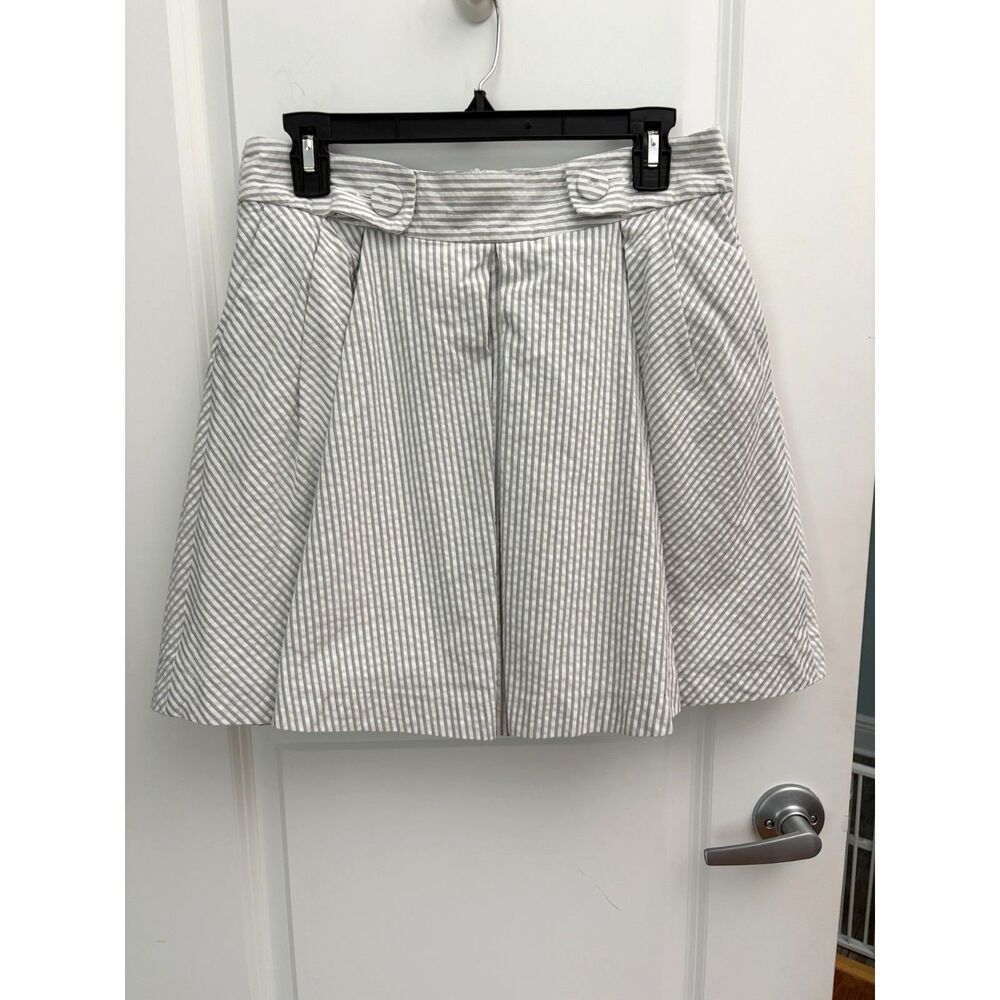 Zara Basic Womens M Gray White Seersucker Striped A-Line Skirt Pockets Pleated